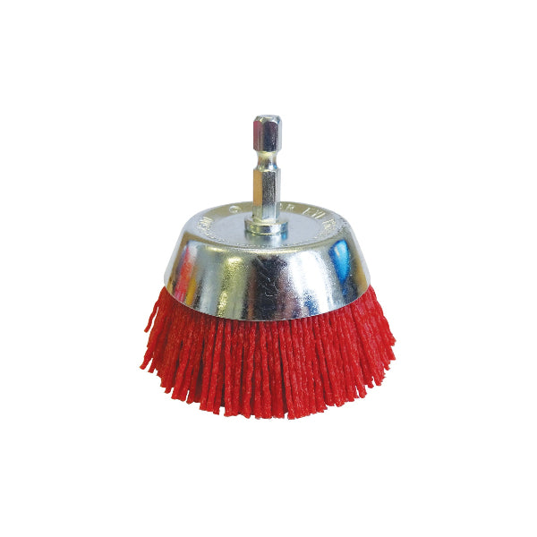 A Josco red abrasive nylon brush with a silver metal shank and hex shank designed for use with drills.