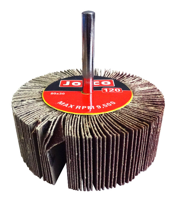 Josco Flap wheel with a metal shank for attachment, primarily brown in color, with a label indicating the brand and specifications.