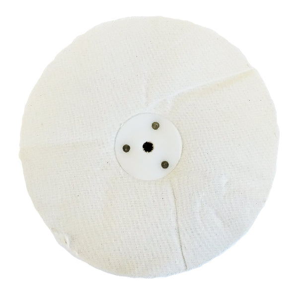 A white Josco polishing wheel with a calico texture and a central metallic hub with three bolts.