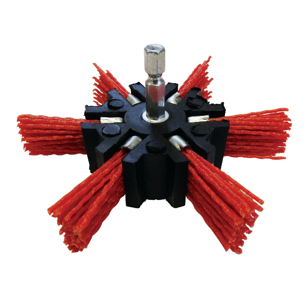 A Josco red abrasive nylon brush fan wheel with a 6.3mm hex spindle, designed for use with drills in softening effect applications such as removing rust on plastics and wood.