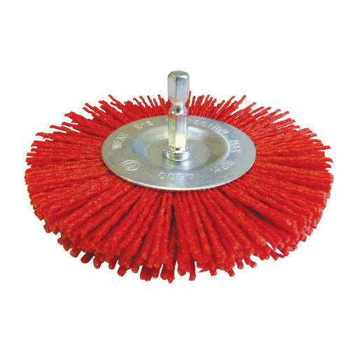 A Josco red abrasive nylon brush wheel with a metal hex spindle fitted, designed for use with drills.