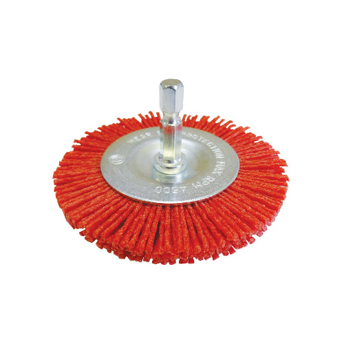 Josco red abrasive nylon brush wheel with a silver metal shank and hex spindle.