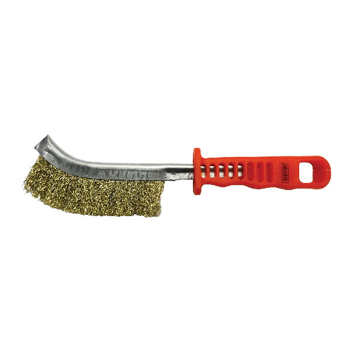 A Josco brass wire scratch brush with an orange plastic handle designed for cleaning and deburring.