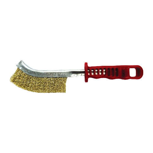 A Josco brass coated steel scratch brush with a red plastic handle.