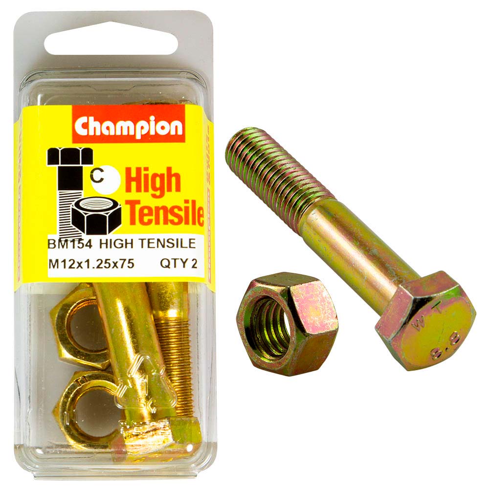 Champion M12 X 75 X 1.25 Bolt & Nut C - Gr8.8 Pack of 2