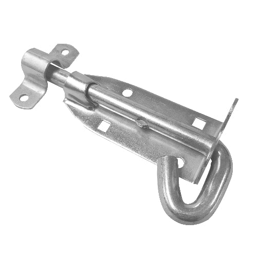 A bright zinc plated steel padbolt, long in design, with a visible threaded end and an expansion mechanism in the middle.