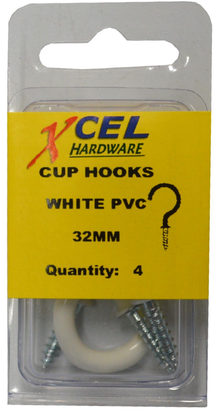 Prepax Cup Hook Round - White PVC Coated 4-pce 32mm