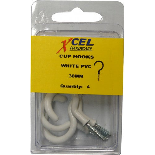 Prepax Cup Hook Round - White PVC Coated 4-pce 38mm