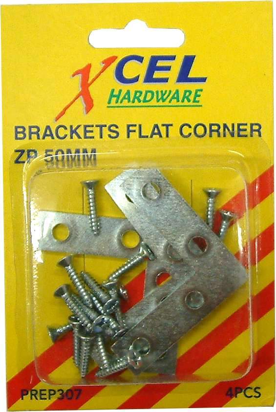 Xcel Flat Corner Brackets - ZP with Screws 4-pce 50mm Carded