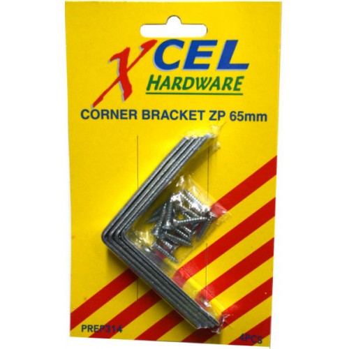 Xcel Corner Brackets - ZP with Screws 4-pce 65mm Carded