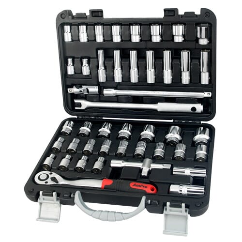 AmPro Socket Set 1/2 in Dr 3/8 in -1 in & 8-32mm Metric/SAE 45pc 6pt in Blowcase