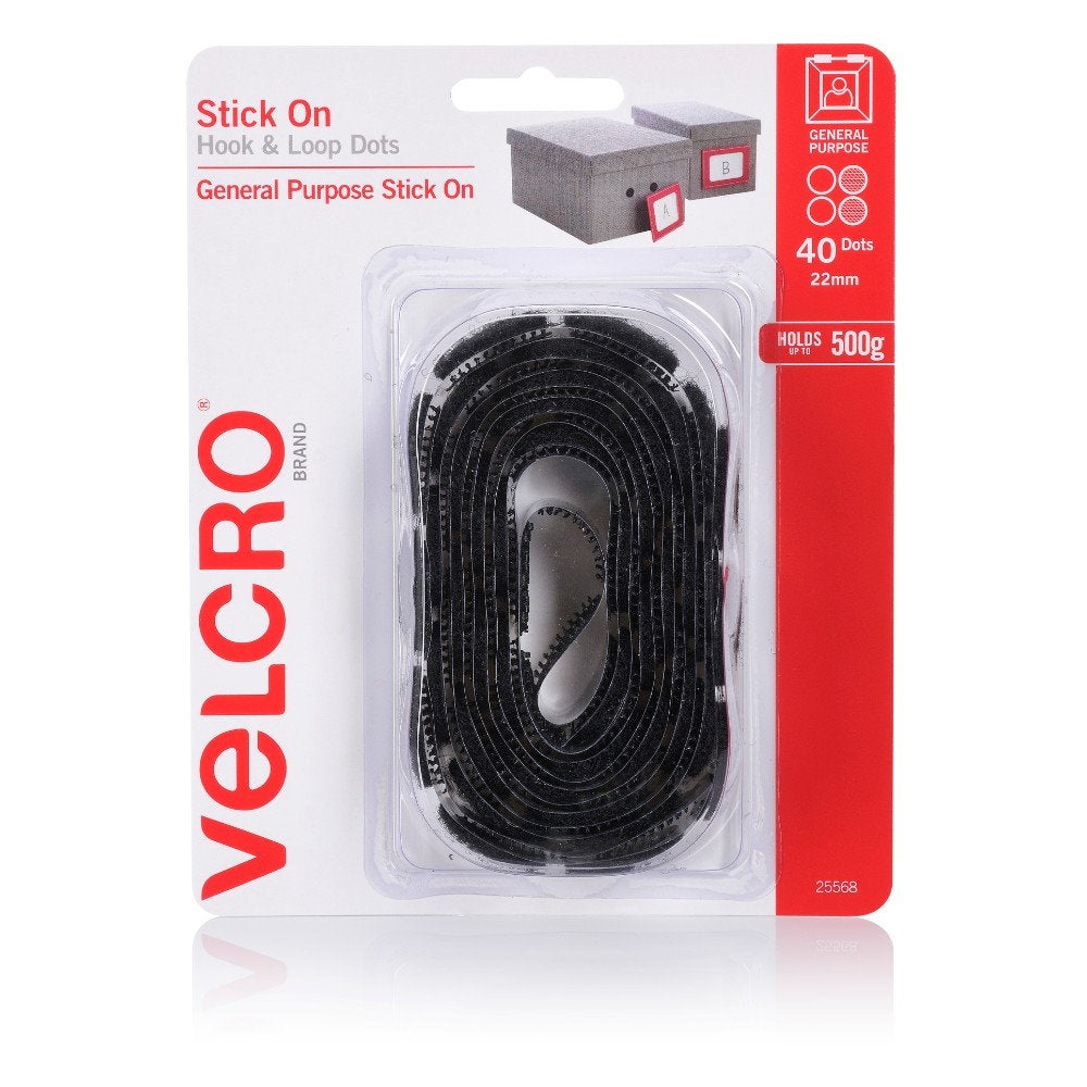 Velcro Stick on Hook & Loop Dots 22mm 40-pce Black