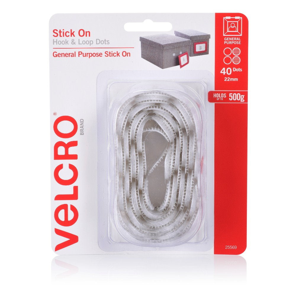 Velcro Stick on Hook & Loop Dots 22mm 40-pce White