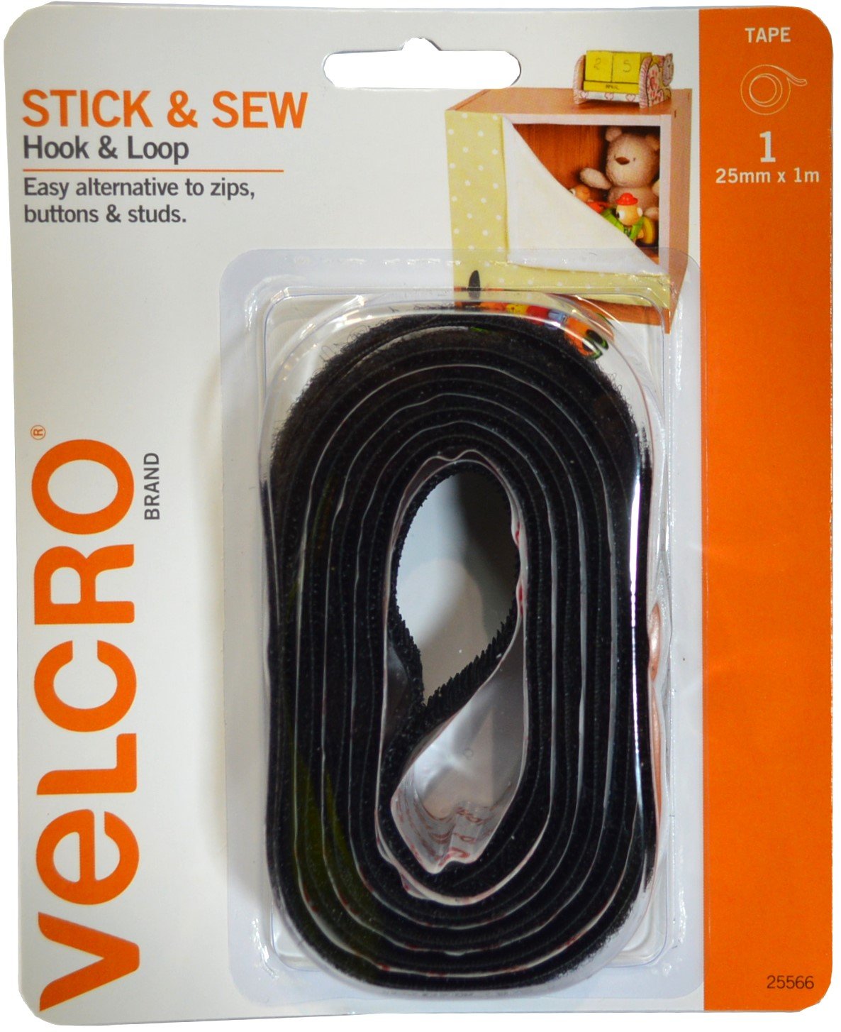 Velcro Stick & Sew Hook & Loop 25mm x 1m Black