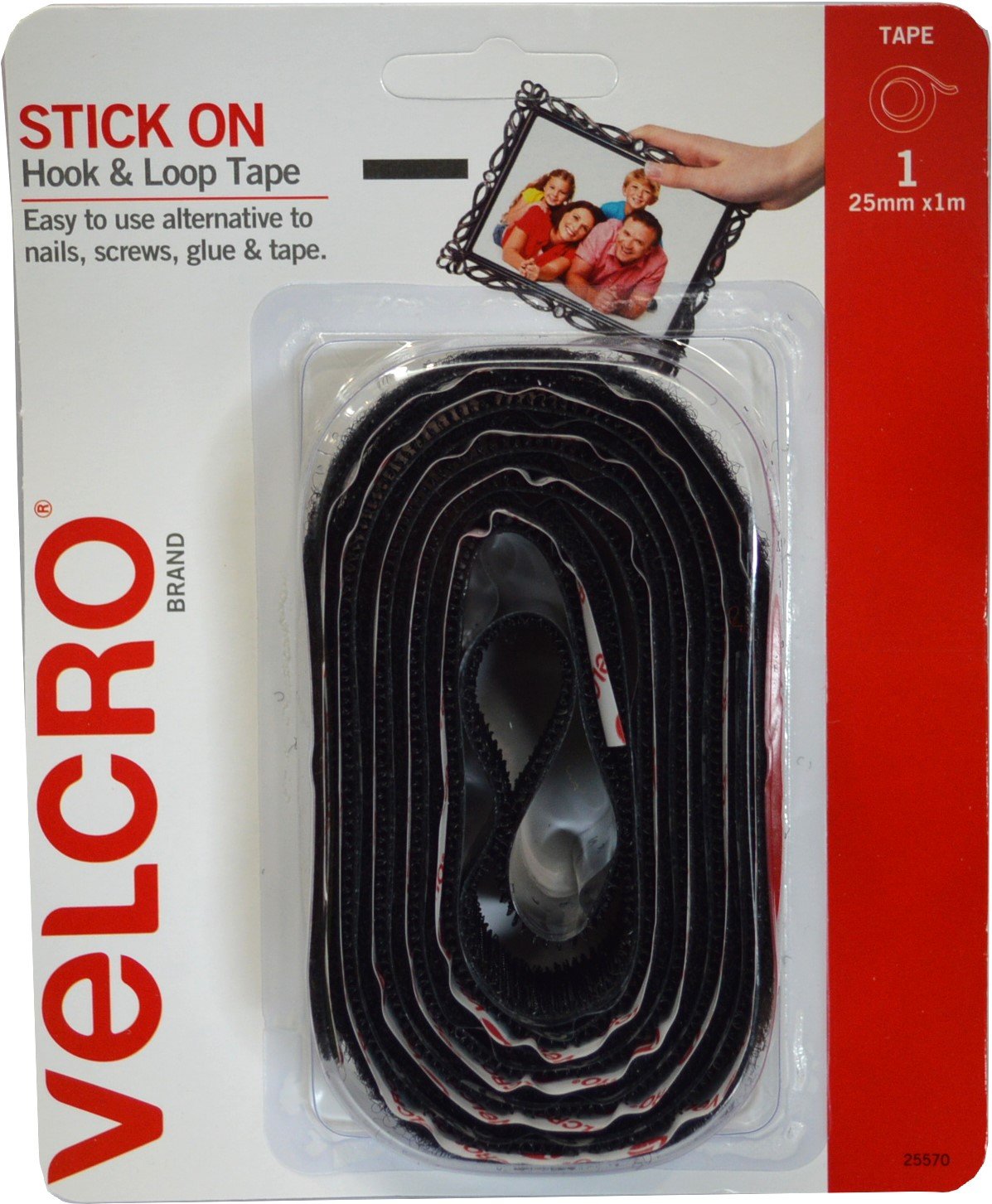 Velcro Stick on Hook & Loop Tape 25mm x 1m Black