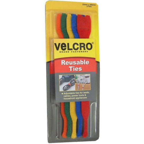 Velcro Reusable Ties 5-pce Assorted Colours 200mm