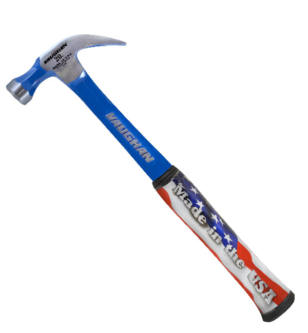 A Vaughan solid steel hammer with a curved claw, featuring a blue handle with 'Made in the USA' text and a patriotic red and blue design.