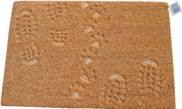 A rectangular natural coir fiber door mat with an embossed paw and feet design