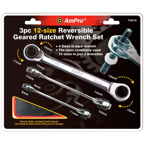 AmPro Double Geared Wrench Set 12 Sizes 3pc: 8 x 9 - 10 x 11, 12 x 13 - 14 x 15, 16 x 17 - 18 x 19mm