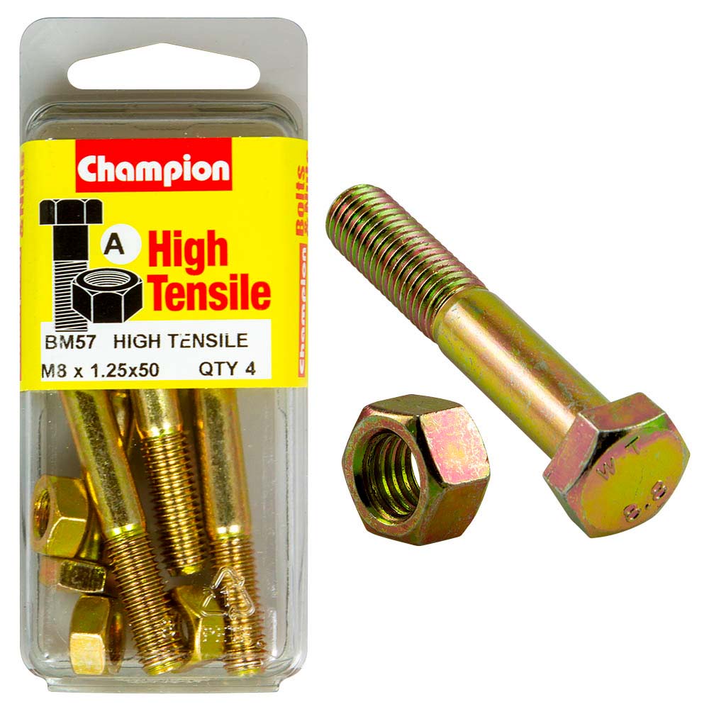 Champion M8 X 50 Bolt & Nut A - Gr8.8 Pack of 4