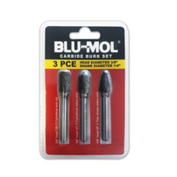 BLU-MOL 3PCE CARBIDE BURR SET 3/8IN O.D. SB3, SC3, SF3 CLAM