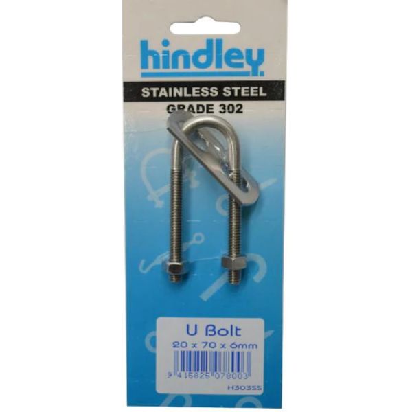 Stainless U Bolt 20X70X6mm Carded Hindley