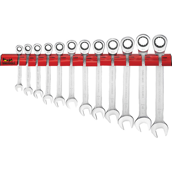 Teng 12pc Ratchet Comb Span Set 8-19mm W/Wall Rack