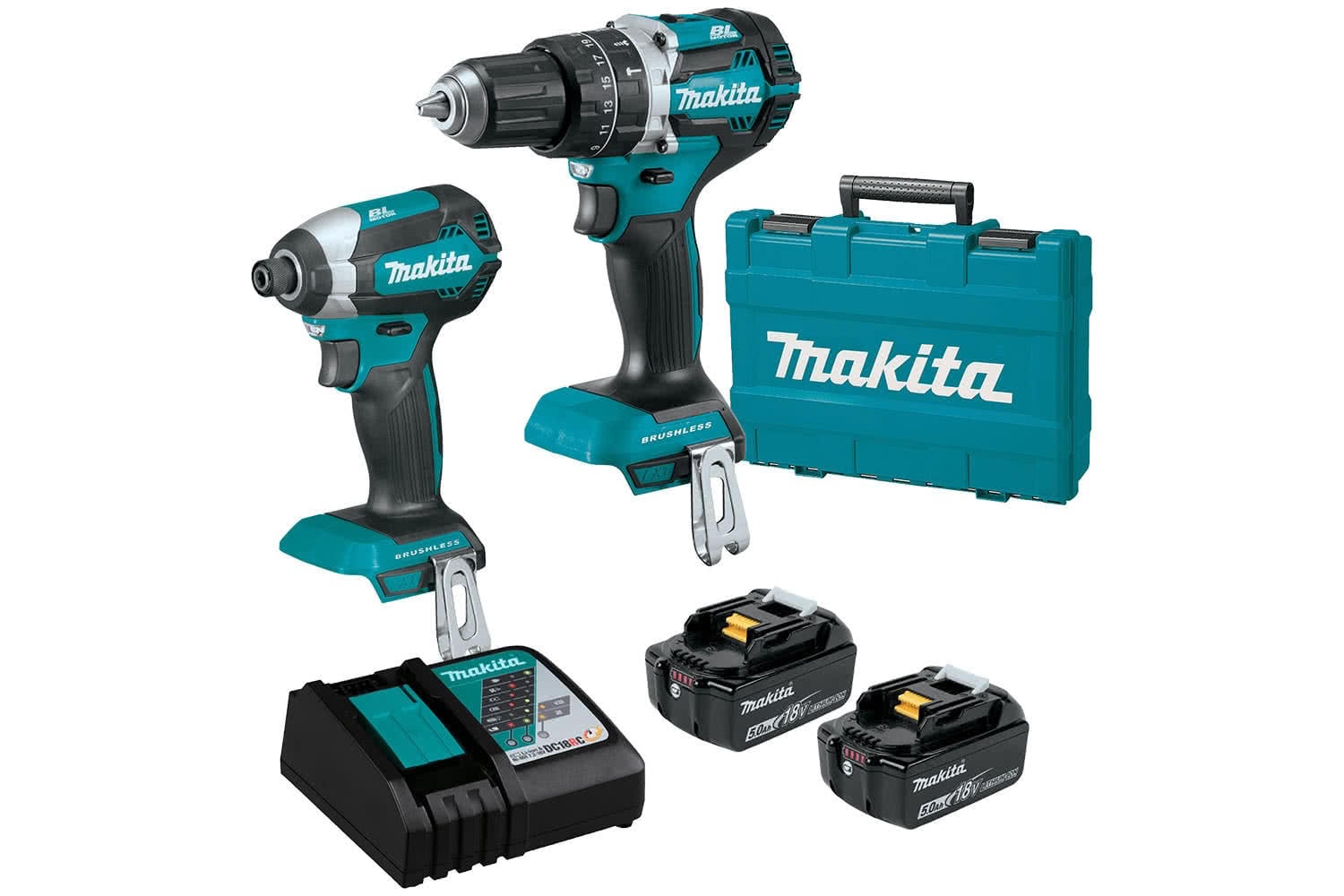 Makita 18V CORDLESS HAMMER DRILL, IMPACT DRIVER, 2 X 5AMP BATTERIES,