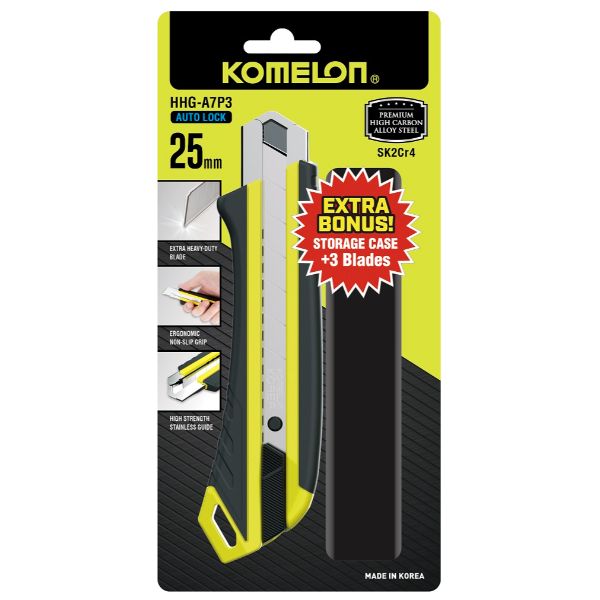 KOMELON 25mm SNAP OFF KNIFE HIGH-VIZ ERGONOMIC NON-SLIP GRIP WHEEL LOCK + BONUS 3 BLADES/CASE