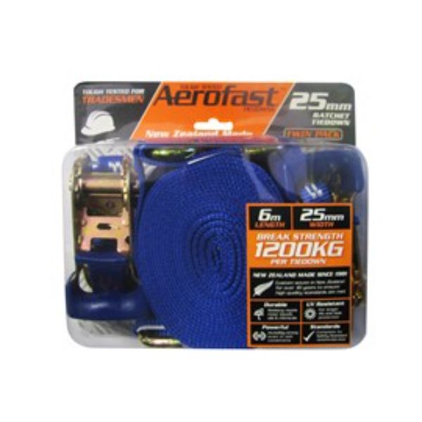 AEROFAST 25mm x 6m Twin Pack Ratchet Tiedowns 1200kg BS Twin Pack