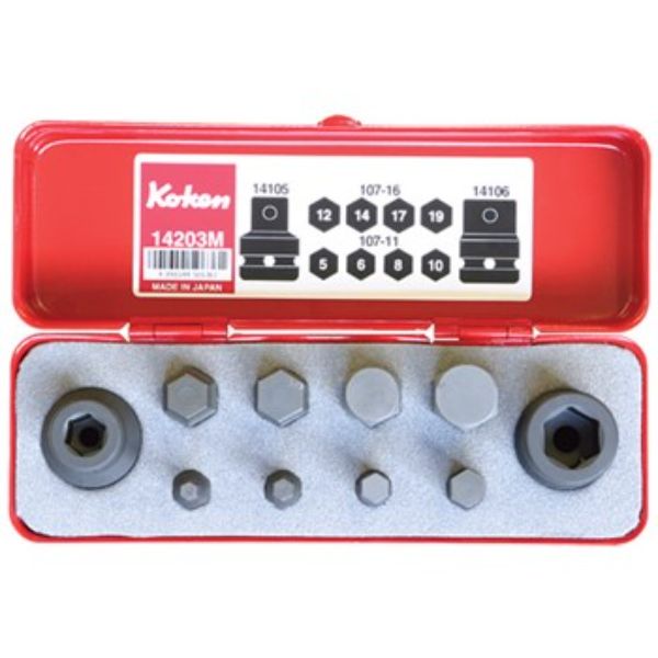 Koken 14209M Impact Hex Bit Socket Set 10pc 1/2IN Dr 5-19mm Contains Bit Holders, 183H.35 & 107-16 Hex Bits