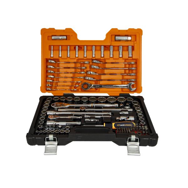 111 Pc 1/4 INCH & 1/2 INCH Drive 90T Metric & SAE Socket Set with 12pc Reversible Ratcheting Wrench Set