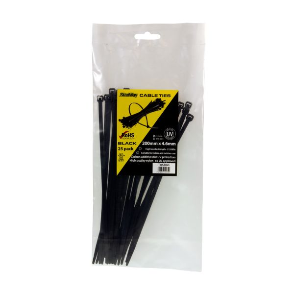 #200Mm X 4.6Mm Uv Black Cable Tie - 25Pk