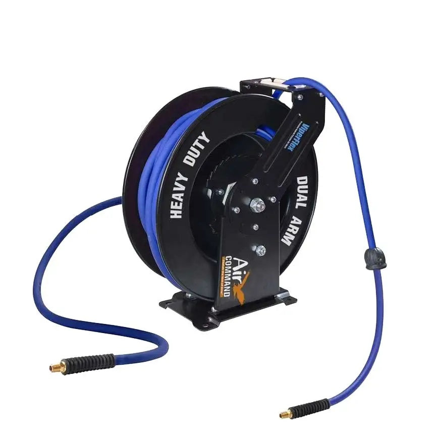 DUAL ARM STEEL RETR AIR HOSE REEL WITH 3/8IN 20M HYB AIR HOSE INCL MOUNTING BRACKET