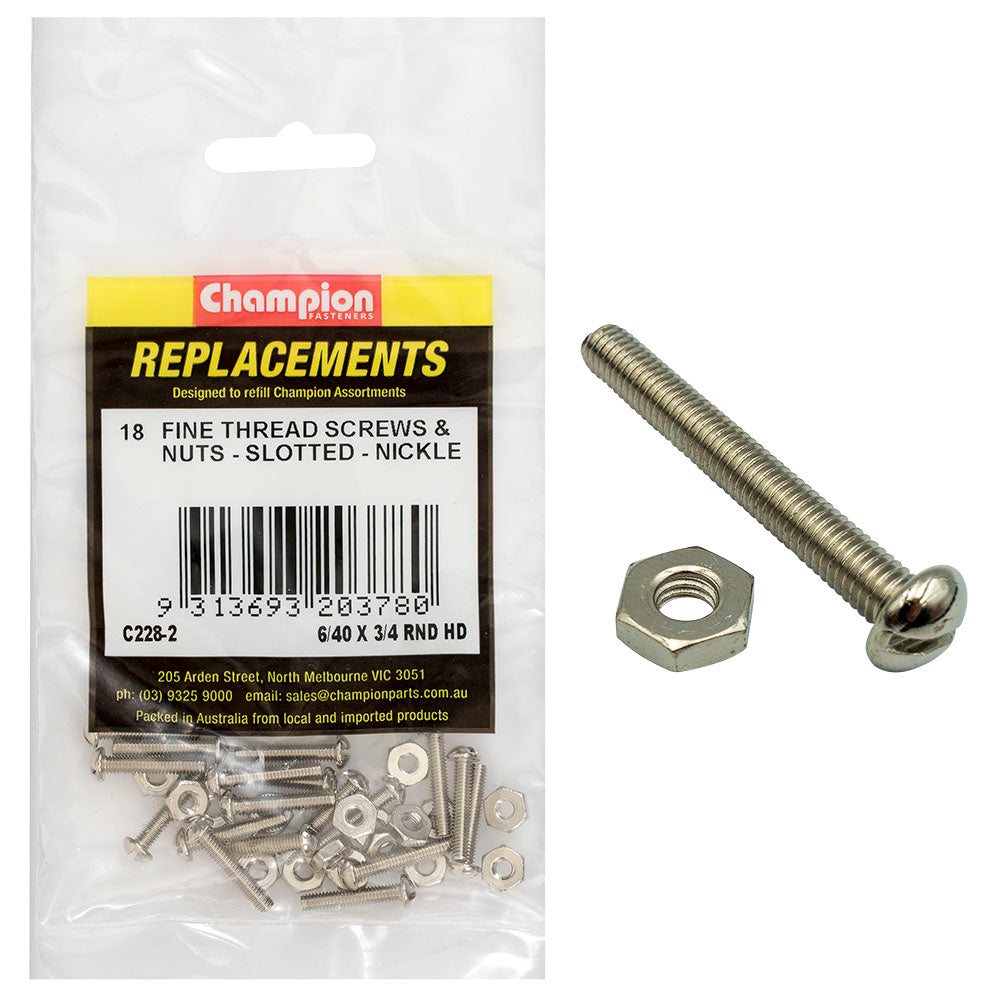 Champion 6/40in X 3/4in Unf Rnd Hd Machine Screw & Nut Ni