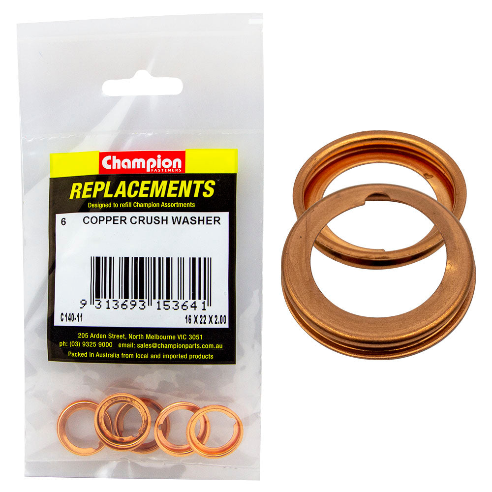 Champion M16 X 22mm Copper Crush Sump Plug Washer -6Pk