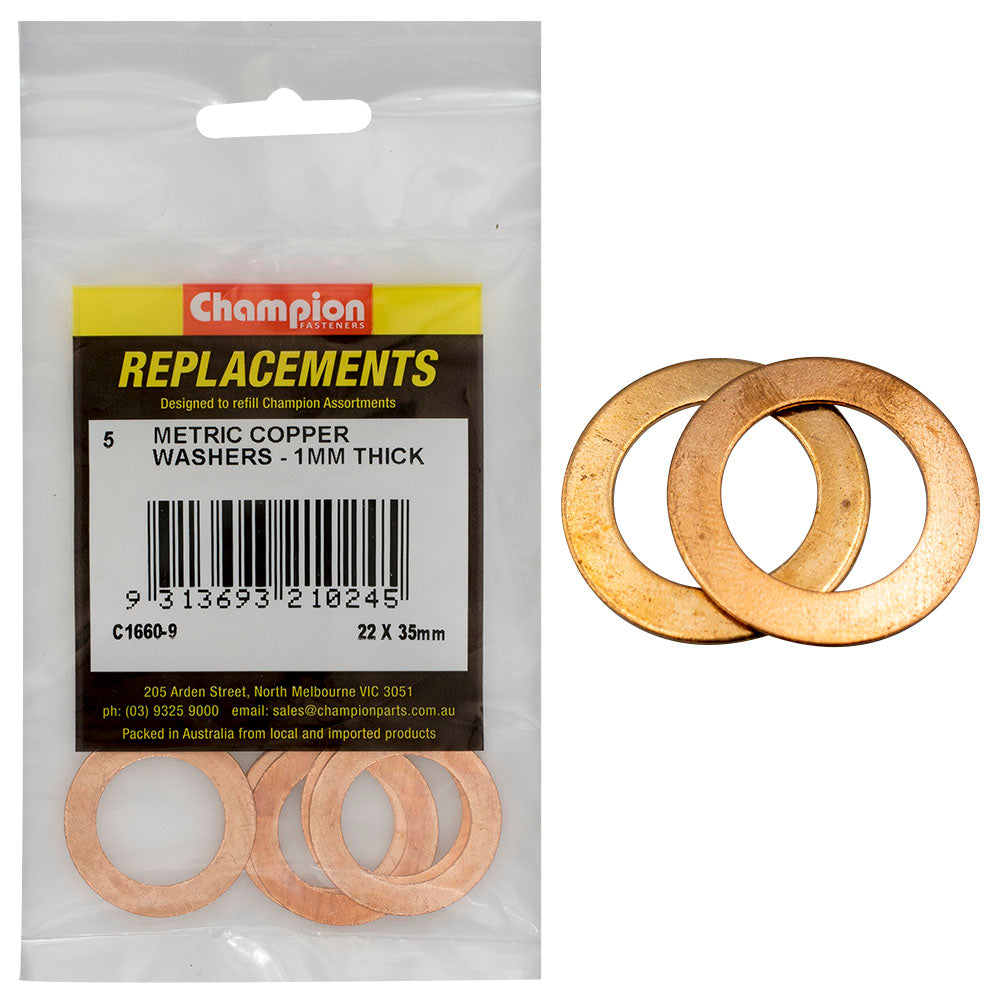 Champion M22 X 35mm X 1.0mm Copper Washer -5Pk