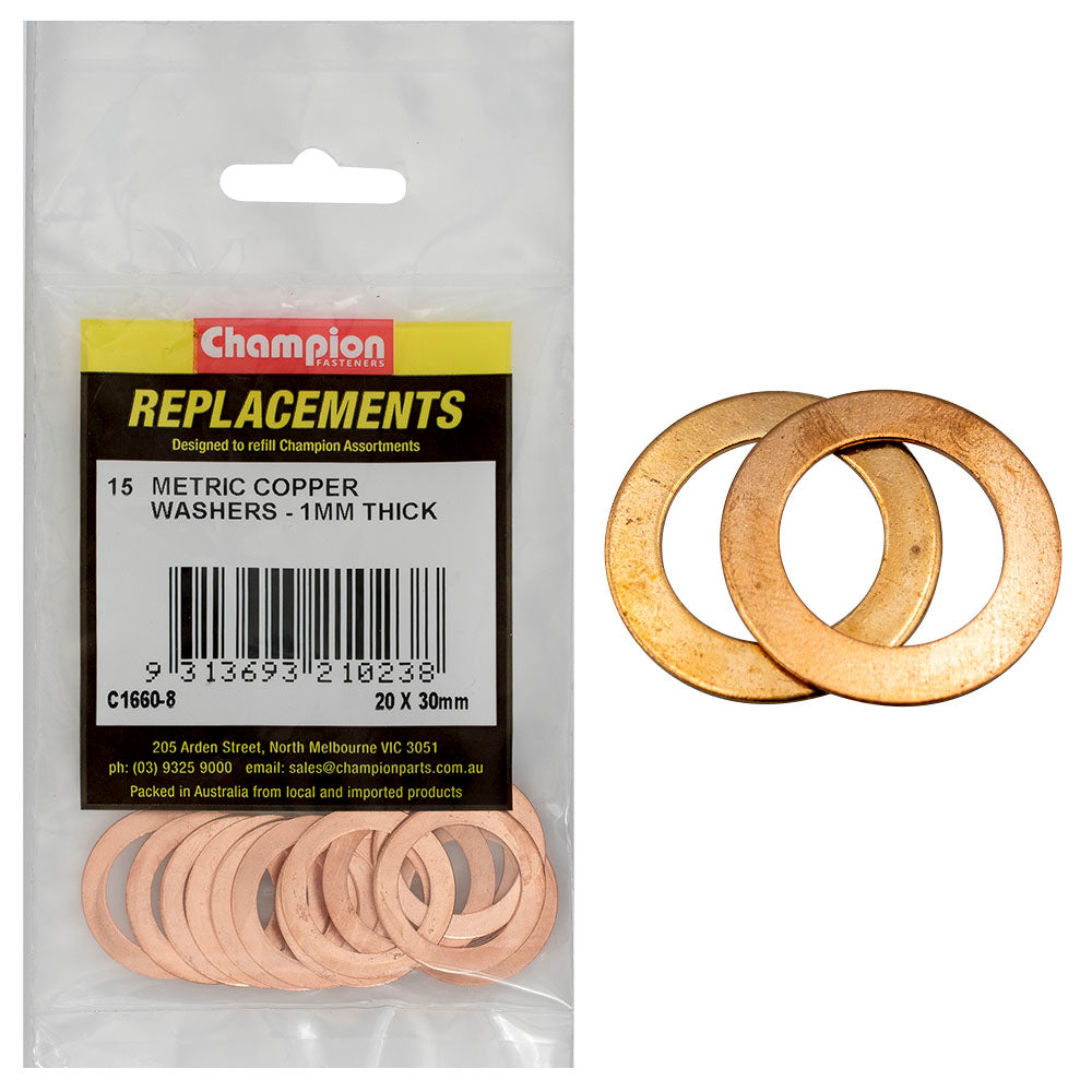 Champion M20 X 30mm X 1.0mm Copper Washer -15Pk