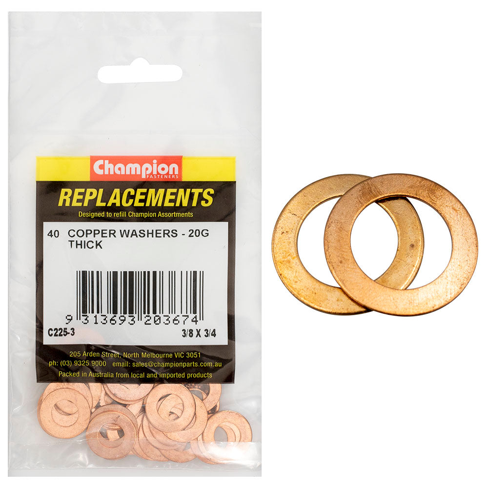 Champion 3/8in X 3/4in X 20G Copper Washer -40Pk