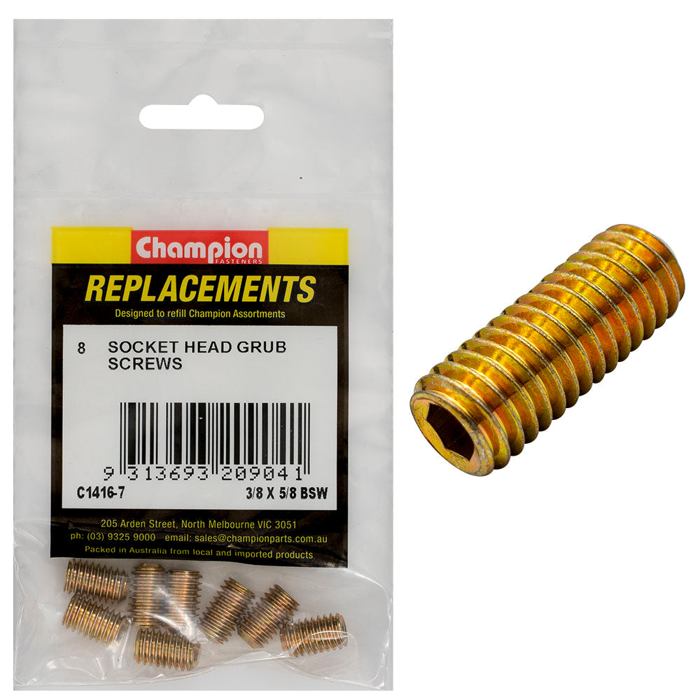 Champion 3/8in X 5/8in Bsw Socket Grub Screw -8Pk